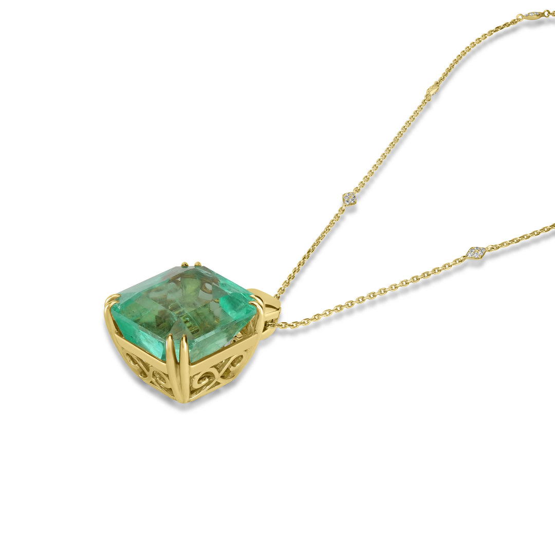 76.13 Cts Colombian Emerald and White Diamond Pendant in 18K Yellow Gold