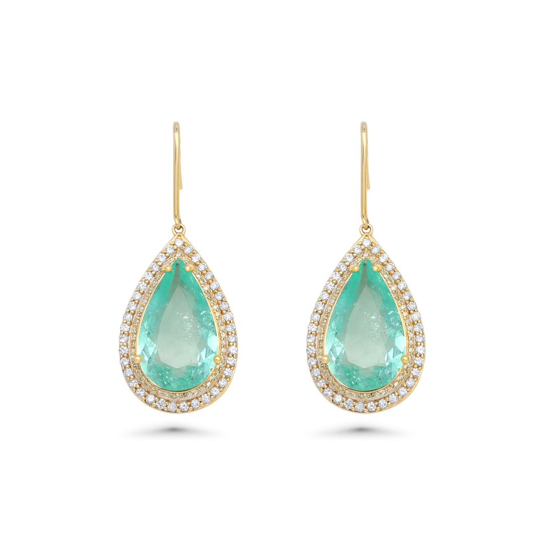 22.14 Cts Colombian Emerald and White Diamond Earring in 14K Yellow Gold