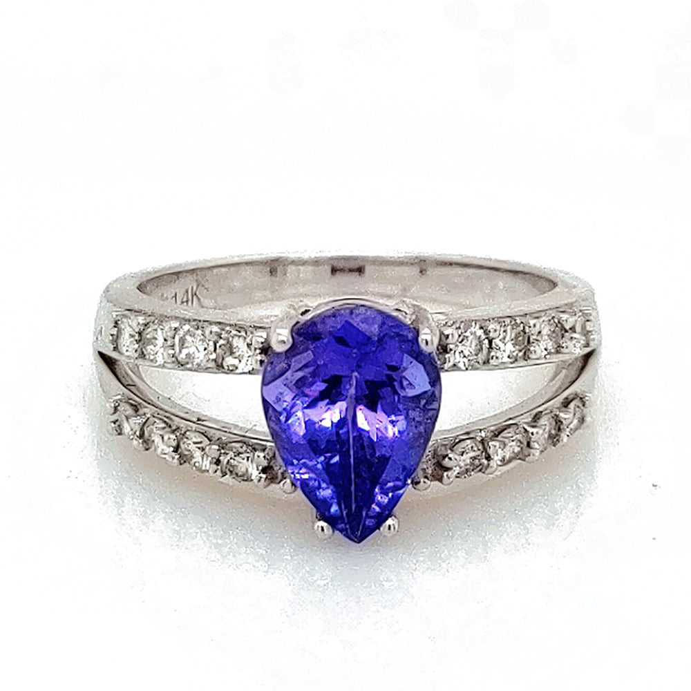2.20 Cts Tanzanite and White Diamond Ring in 14K White Gold