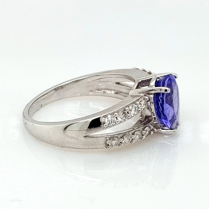 2.20 Cts Tanzanite and White Diamond Ring in 14K White Gold