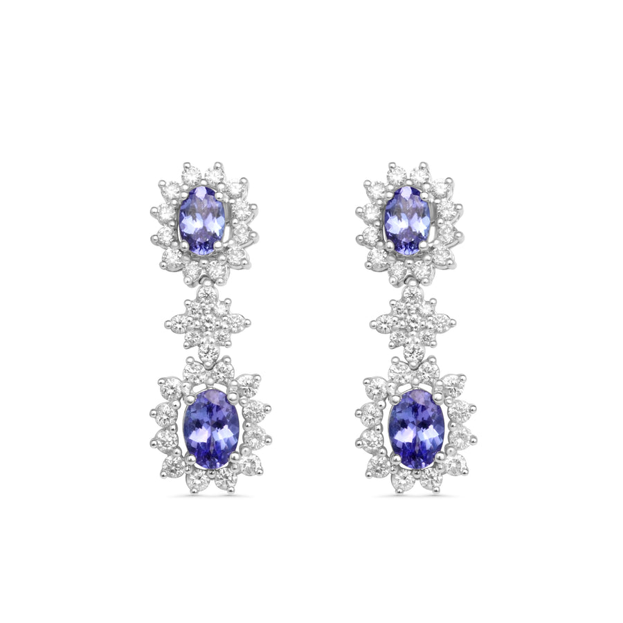 2.95 Cts Tanzanite and White Diamond Earring in 14K White Gold