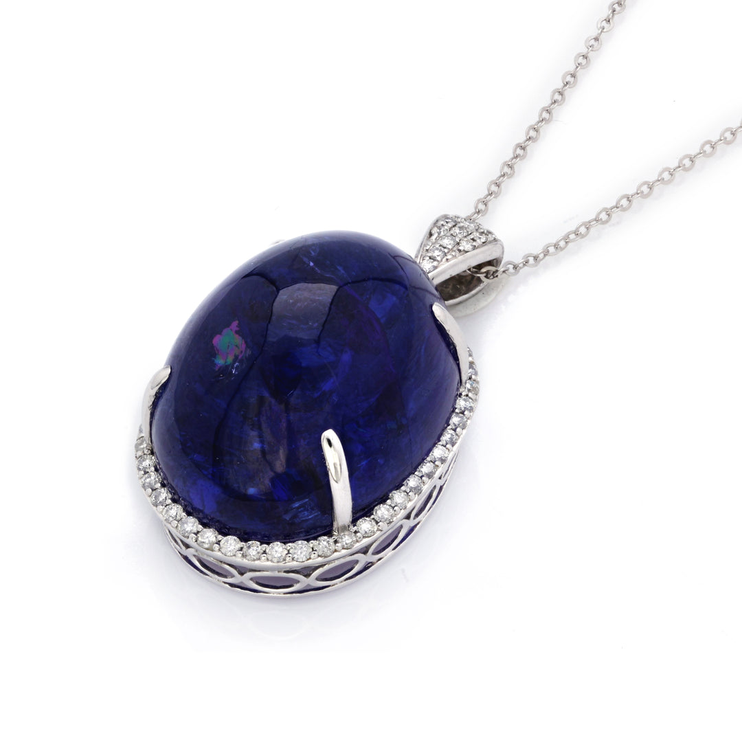 80.42 Cts Tanzanite and White Diamond Pendant in 14K White Gold