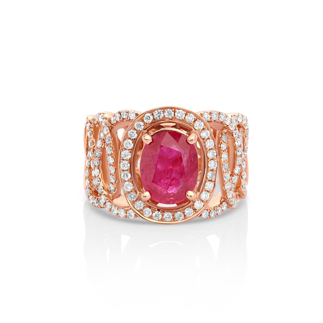 2.23 Cts Ruby and White Diamond Ring in 14K Rose Gold