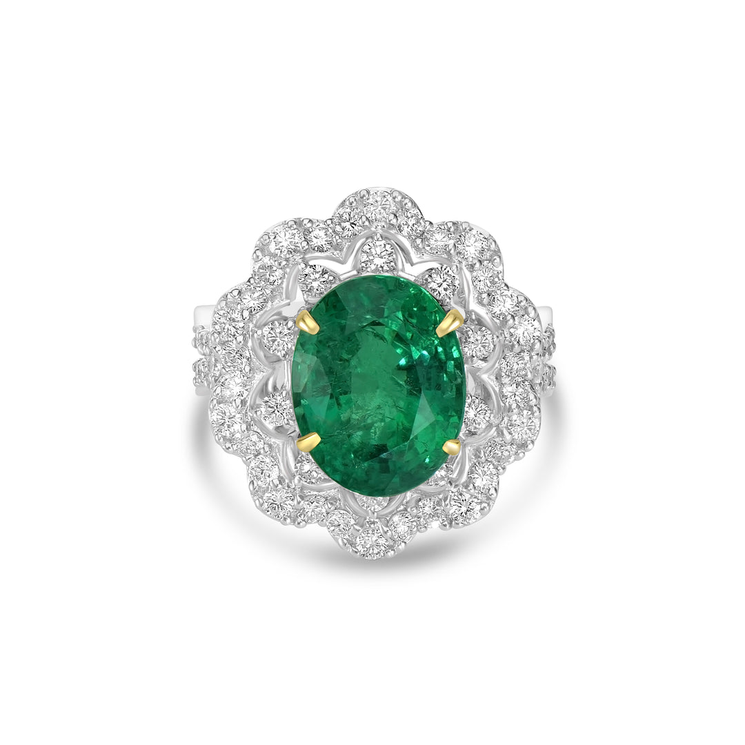 7.71 Cts Emerald and White Diamond Ring in 18K Two Tone