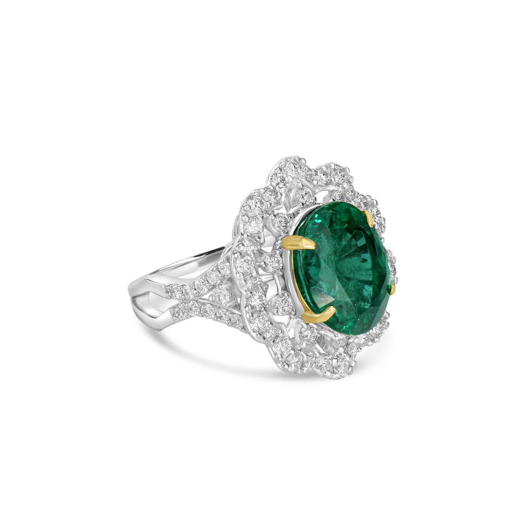 7.71 Cts Emerald and White Diamond Ring in 18K Two Tone