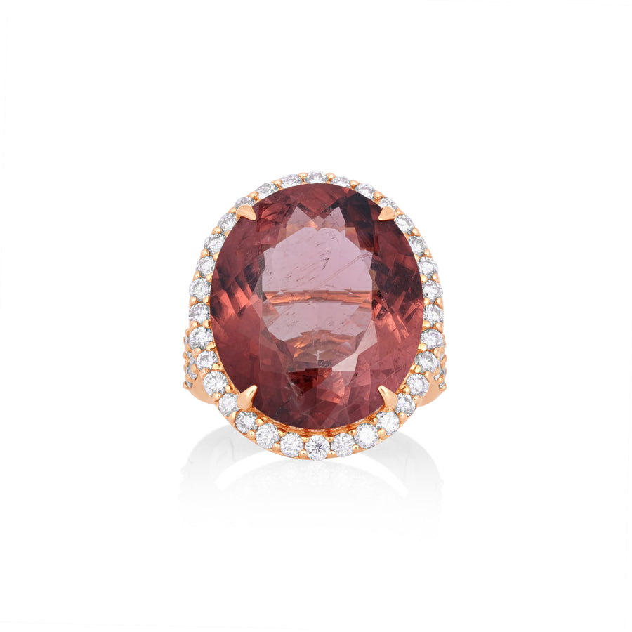 24.32 Cts Rose Tourmaline and White Diamond Ring in 14K Rose Gold
