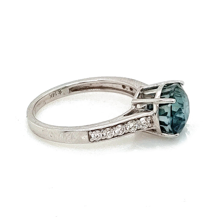 6.25 Cts Blue Zircon and White Diamond Ring in 14K White Gold