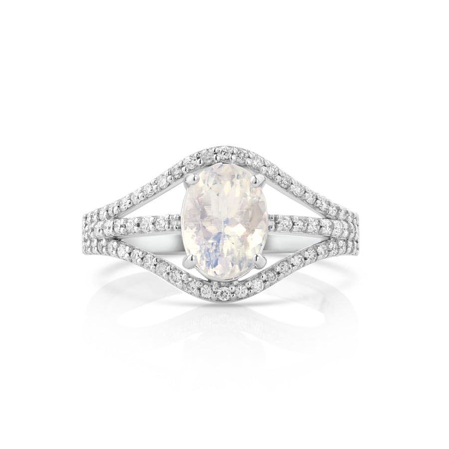 2.2 Cts Moonstone and White Diamond Ring in 14K White Gold
