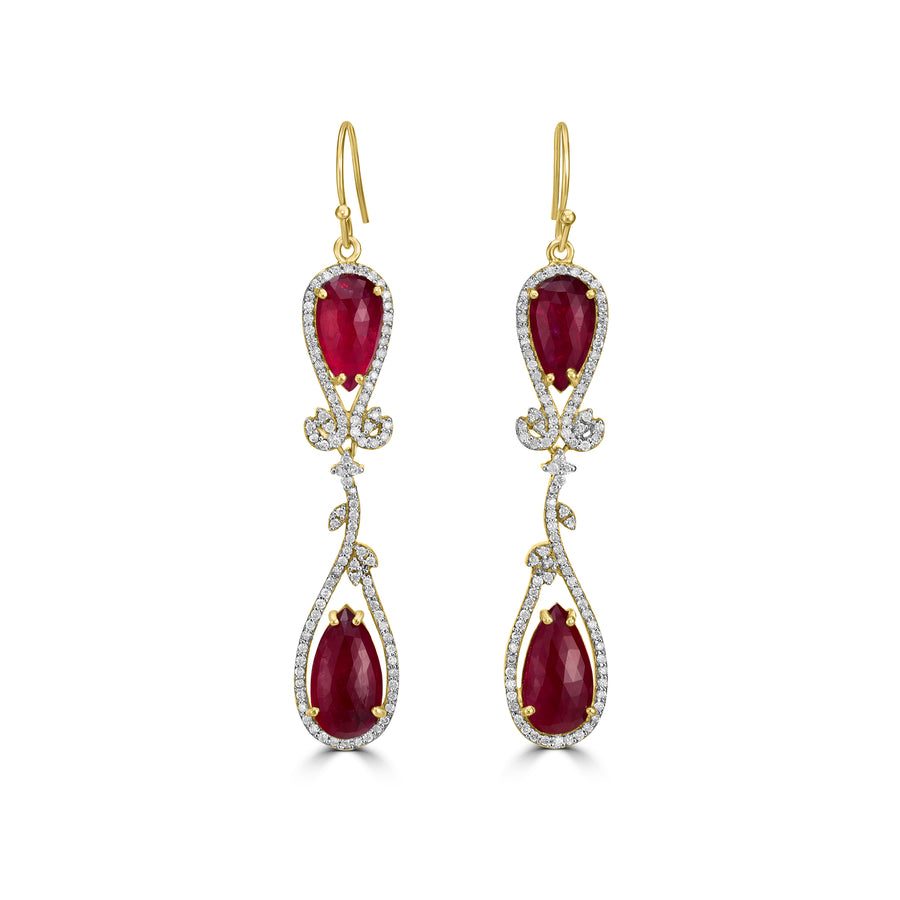 13.15 Cts Ruby and White Diamond Earring in 18K Yellow Gold