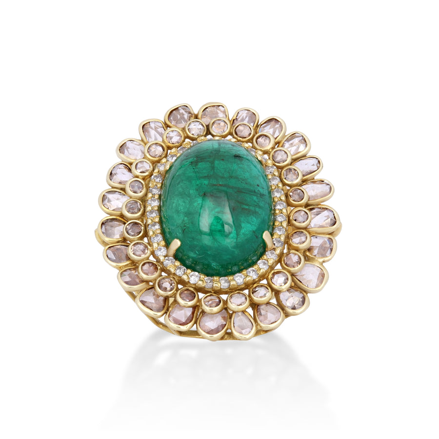 14.65 Cts Emerald and White Diamond Ring in 14K Yellow Gold