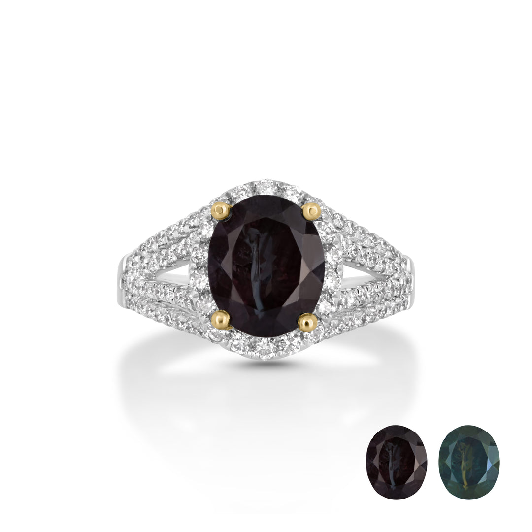 3.16 Cts Color Change Garnet and White Diamond Ring in 14K Two Tone