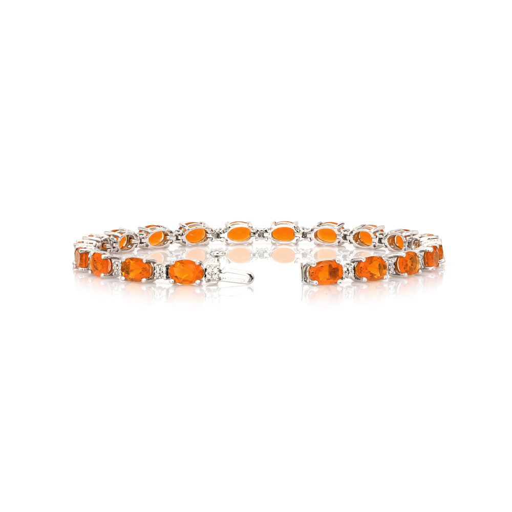 7.80 Cts Mexican Fire Opal and White Diamond Bracelet in 14K White Gold