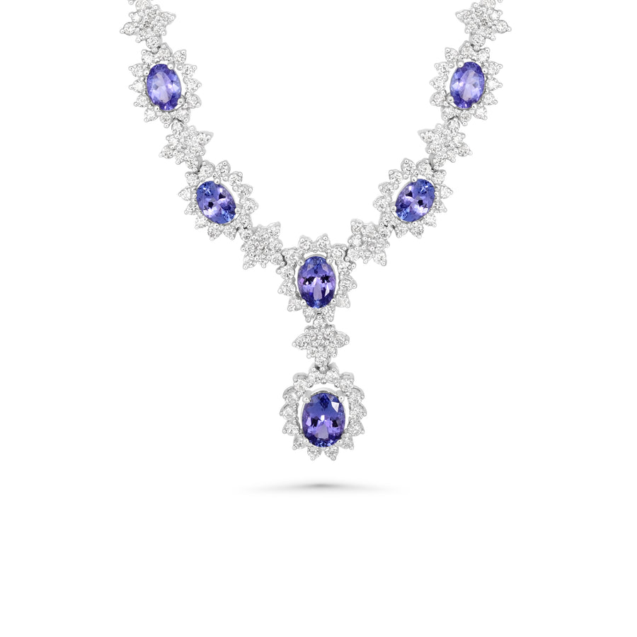 9.73 Cts Tanzanite and White Diamond Necklace in 14K White Gold