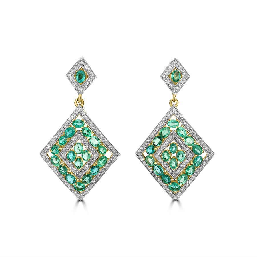 7.90 Cts Emerald and White Diamond Earring in 14K Two Tone