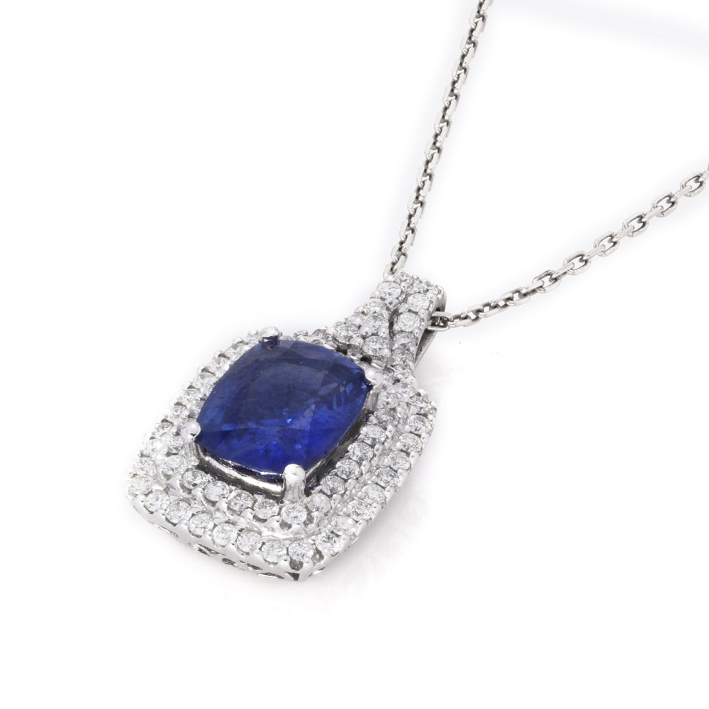 2.86 Cts Blue Sapphire and White Diamond Pendant in 14K White Gold