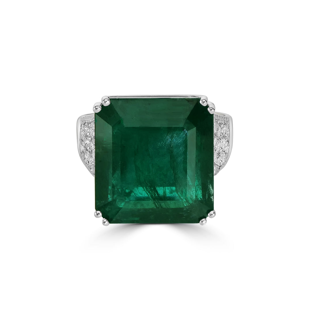 21.13 Cts Emerald and White Diamond Ring in 14K White Gold