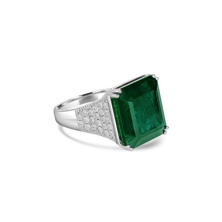 21.13 Cts Emerald and White Diamond Ring in 14K White Gold