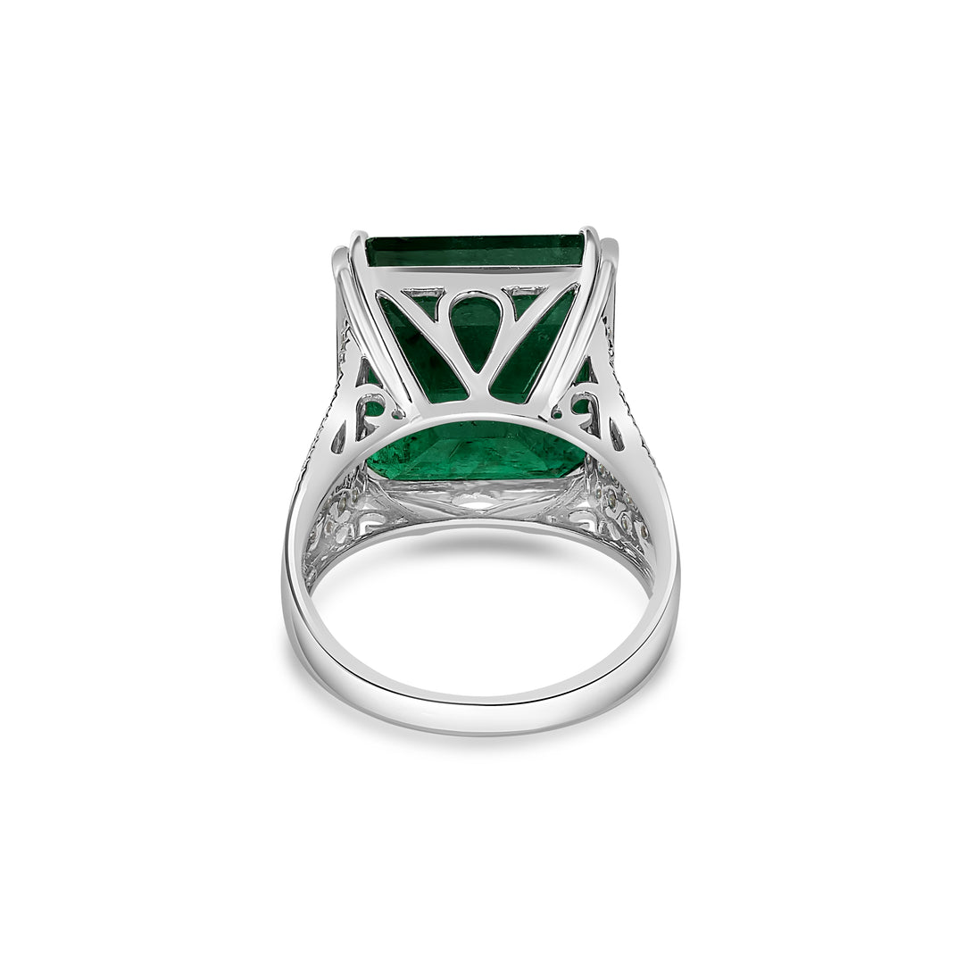 21.13 Cts Emerald and White Diamond Ring in 14K White Gold