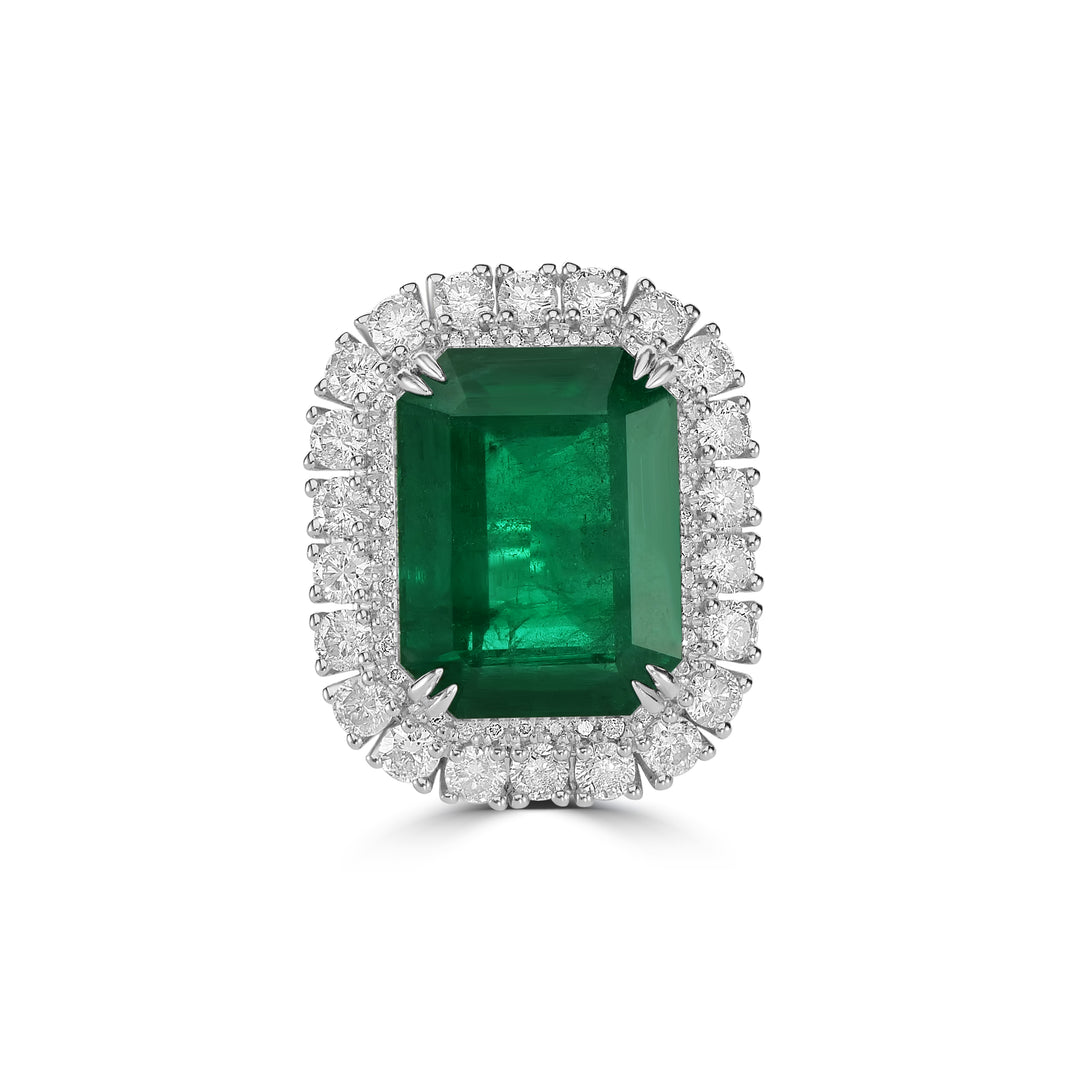 20.40 Cts Emerald and White Diamond Ring in 14K White Gold