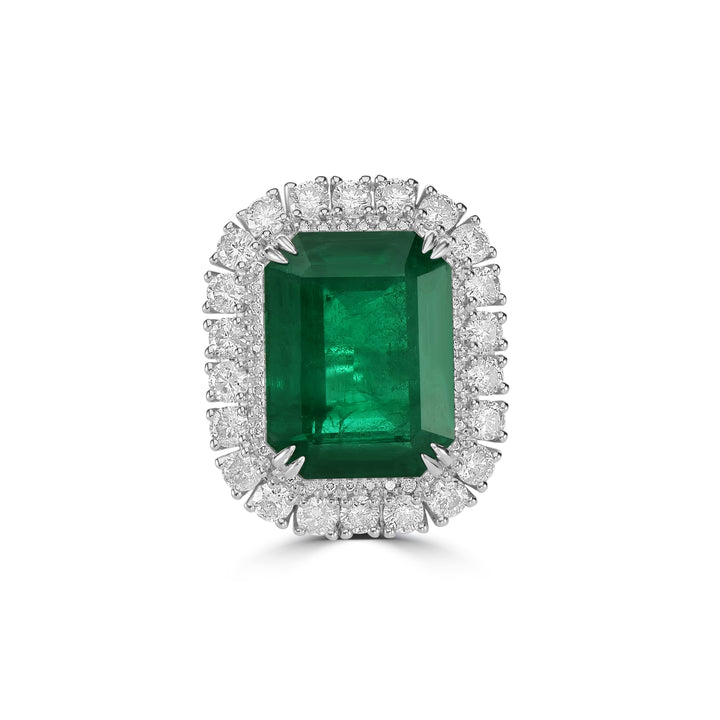20.40 Cts Emerald and White Diamond Ring in 14K White Gold