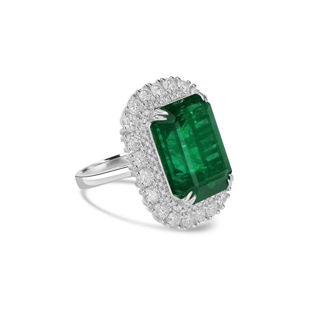 20.40 Cts Emerald and White Diamond Ring in 14K White Gold