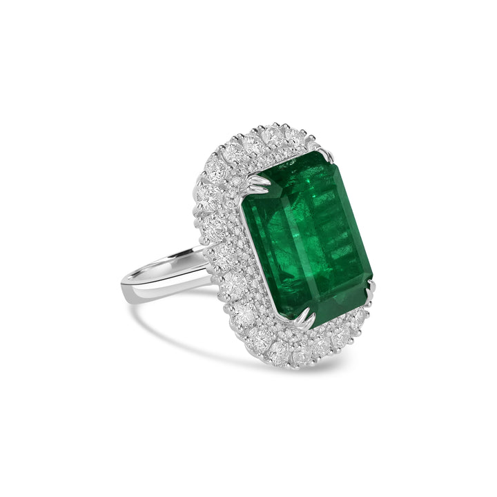 20.40 Cts Emerald and White Diamond Ring in 14K White Gold
