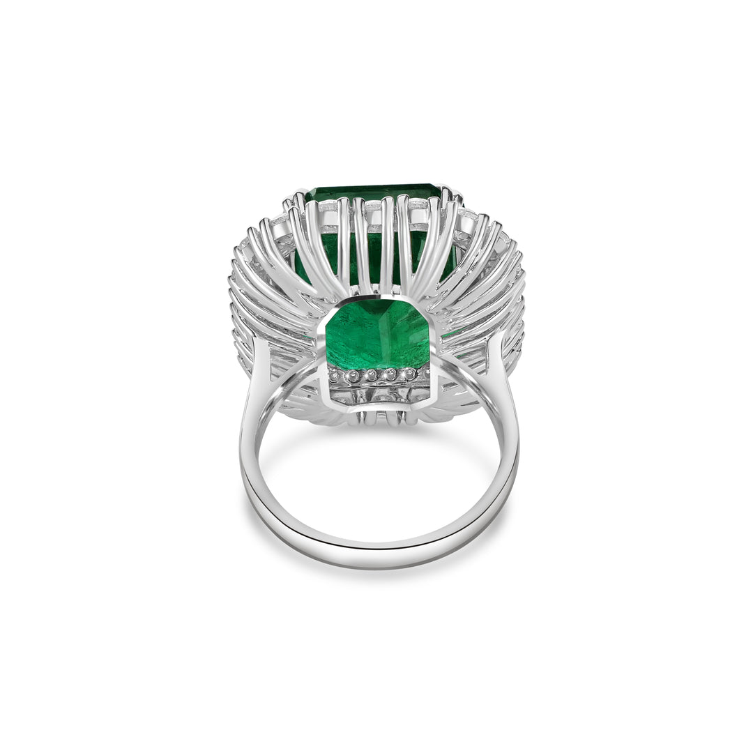 20.40 Cts Emerald and White Diamond Ring in 14K White Gold