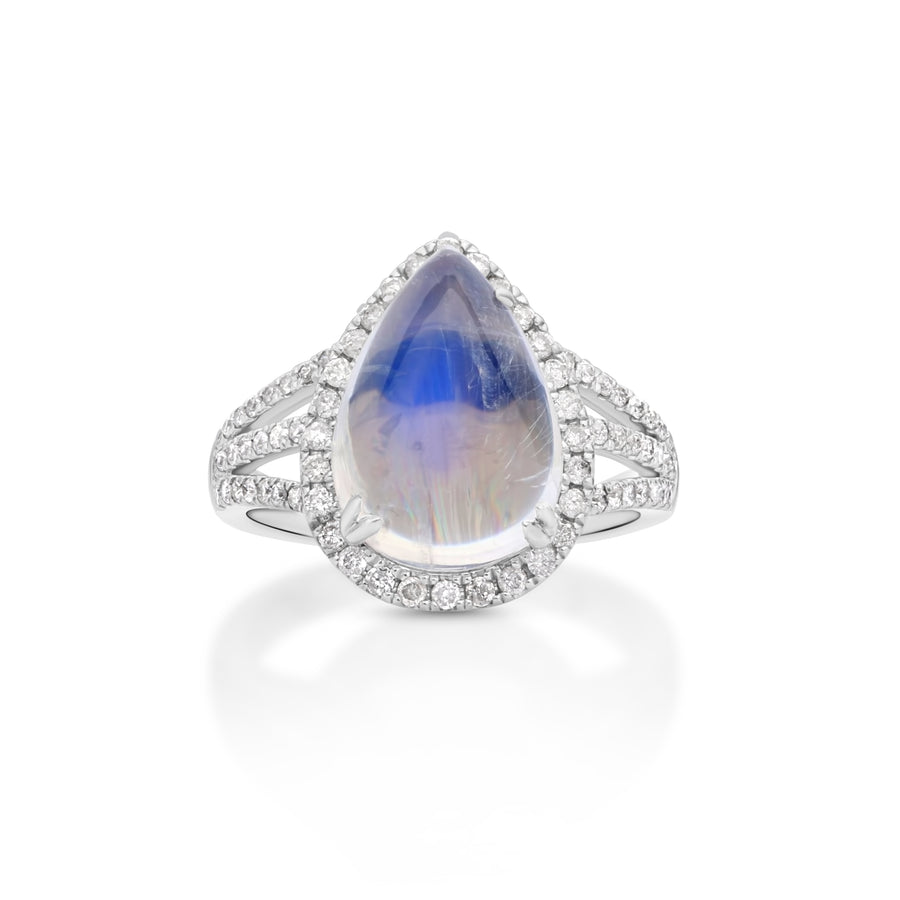 6.3 Cts Moonstone and White Diamond Ring in 14K White Gold