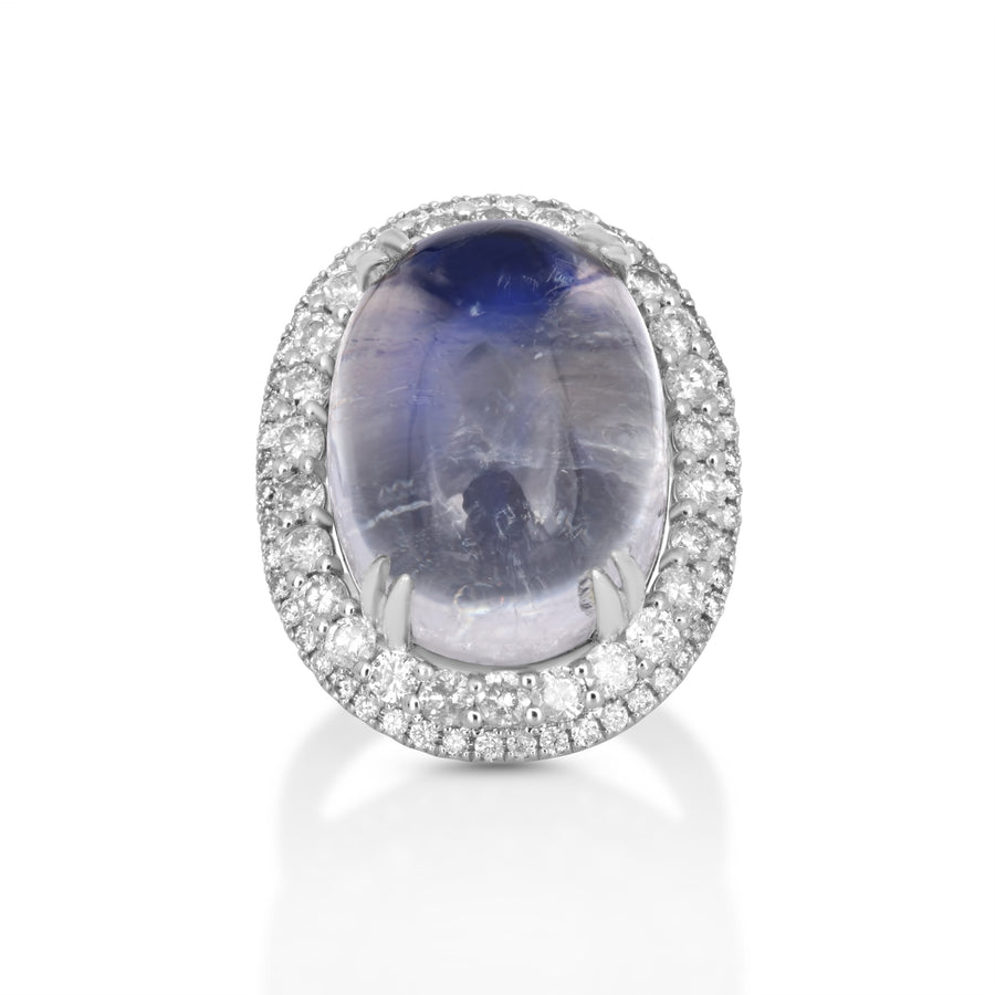 33.02 Cts Moonstone and White Diamond Ring in 18K White Gold