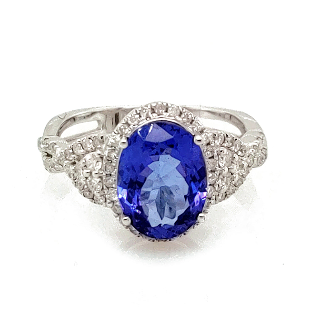 2.60 Cts Tanzanite and White Diamond Ring in 14K White Gold