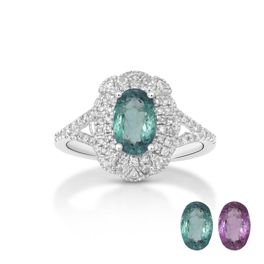 1.53 Cts Alexandrite and White Diamond Ring in 18K White Gold