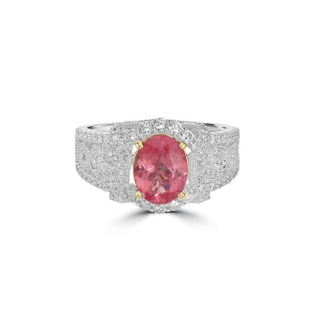 1.68 Cts Rhodochrosite and White Diamond Ring in 14K Two Tone