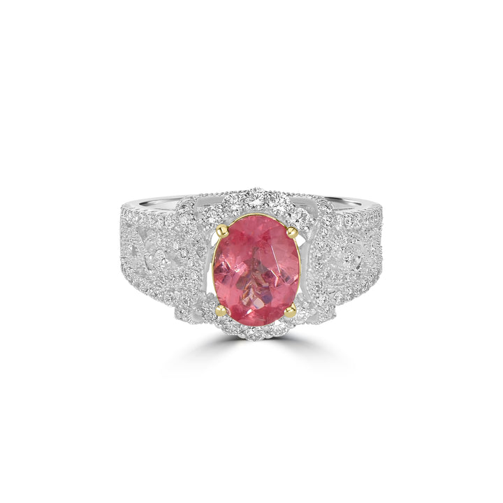 1.68 Cts Rhodochrosite and White Diamond Ring in 14K Two Tone