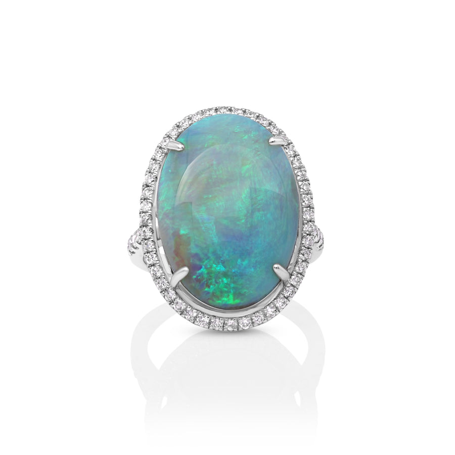 14.5 Cts Australian Opal and White Diamond Ring in 18K White Gold