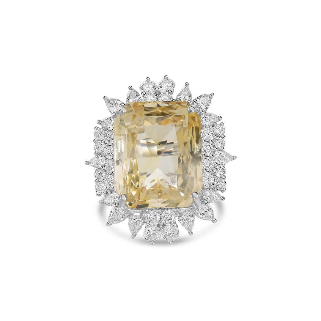 41.33 Cts Yellow Sapphire and White Diamond Ring in 18K White Gold