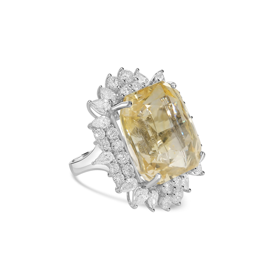 41.33 Cts Yellow Sapphire and White Diamond Ring in 18K White Gold