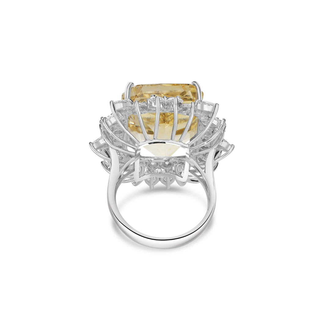 41.33 Cts Yellow Sapphire and White Diamond Ring in 18K White Gold