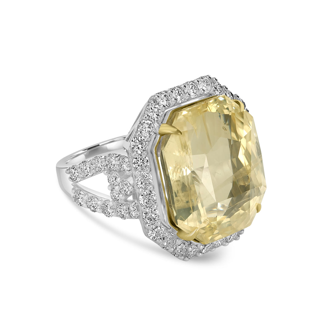 37.41 Cts Yellow Sapphire and White Diamond Ring in 18K Two Tone