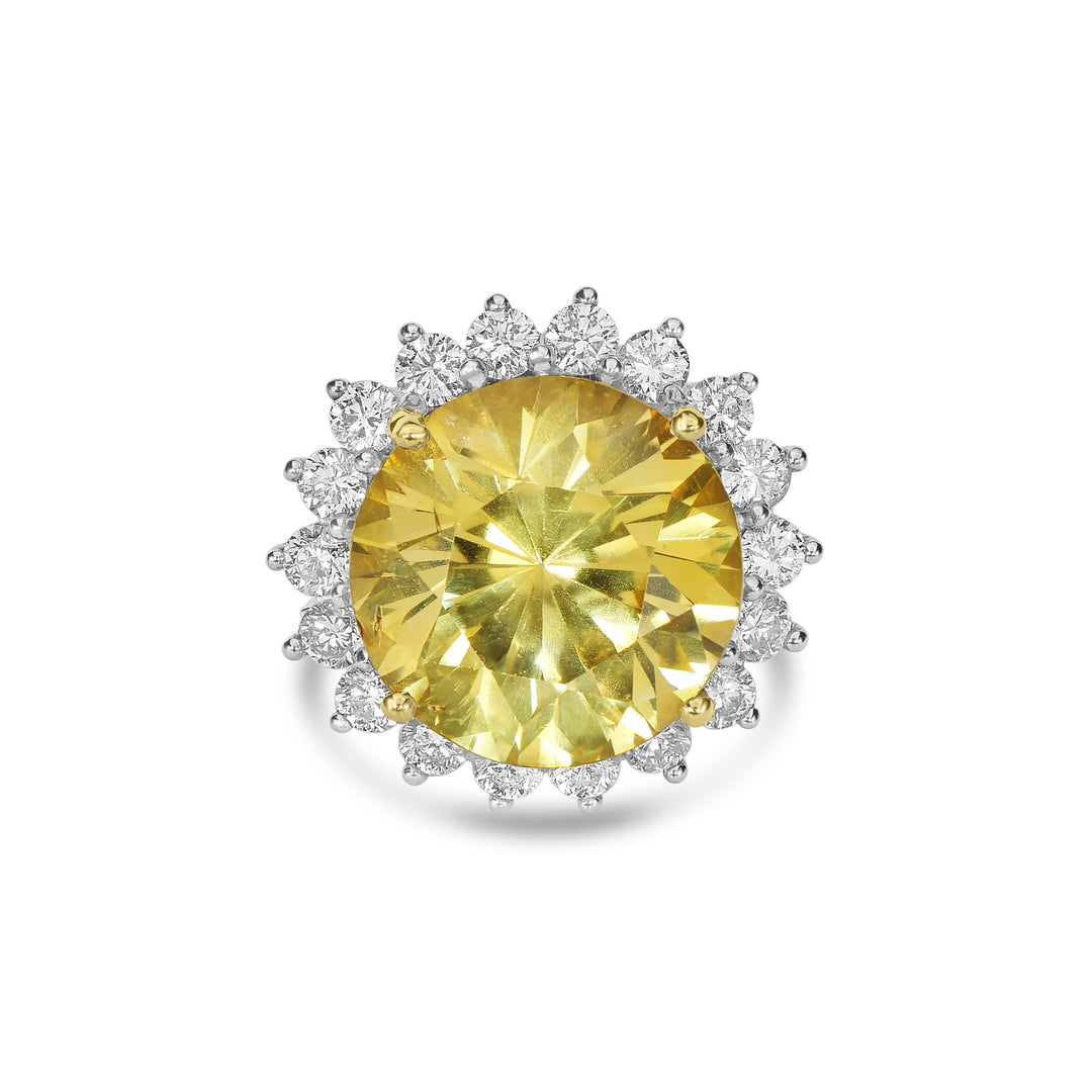 23.81 Cts Yellow Sapphire and White Diamond Ring in 18K Two Tone