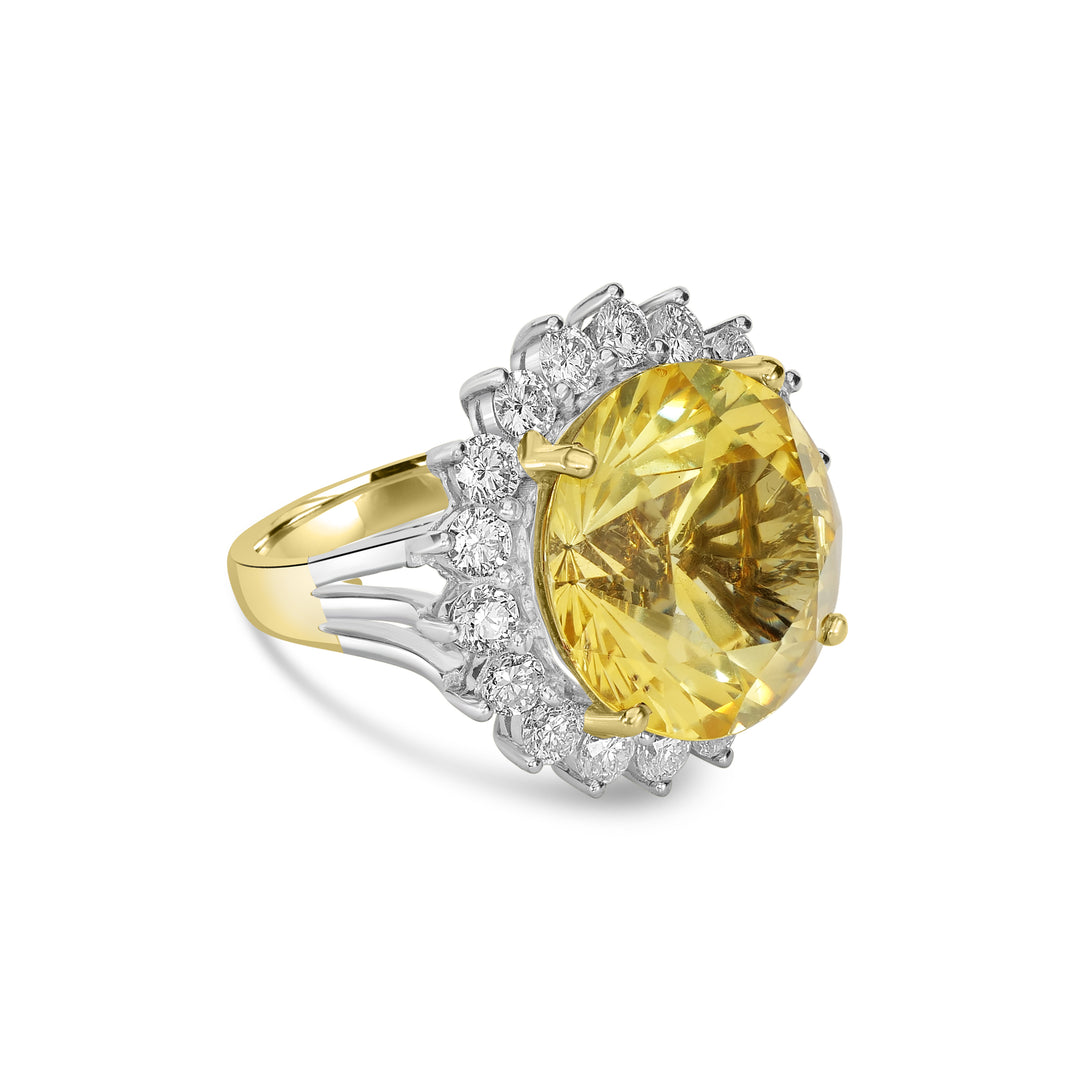 23.81 Cts Yellow Sapphire and White Diamond Ring in 18K Two Tone