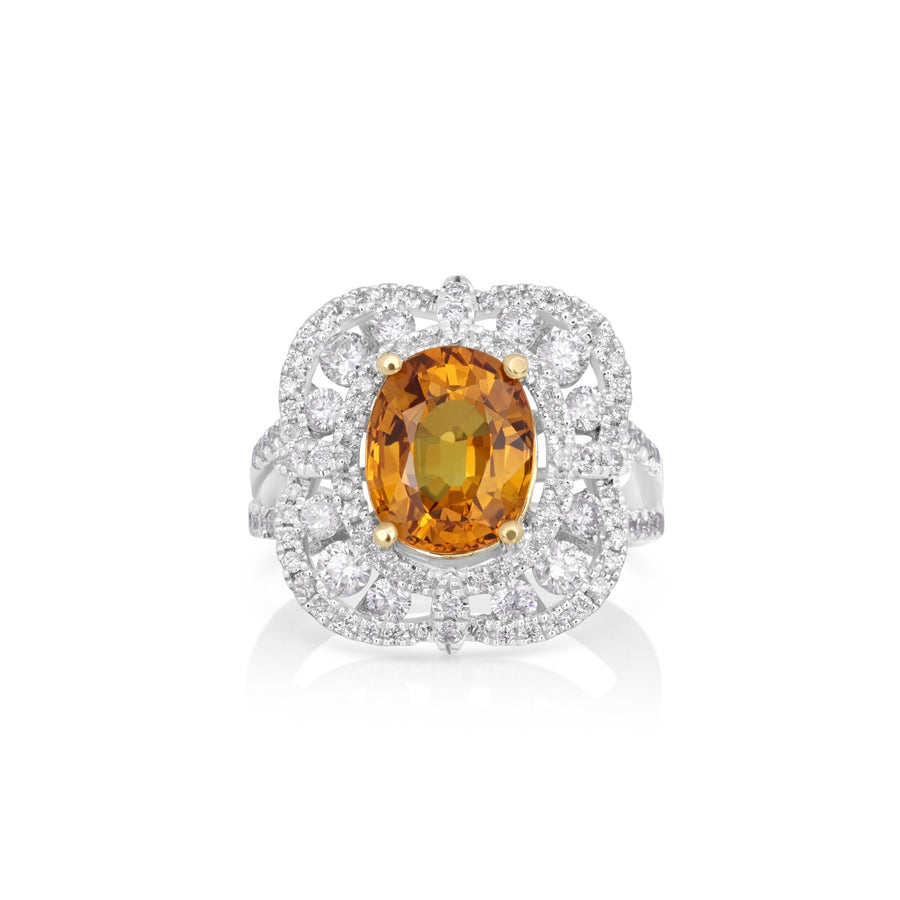 4.25 Cts Yellow Sapphire and White Diamond Ring in 14K Two Tone