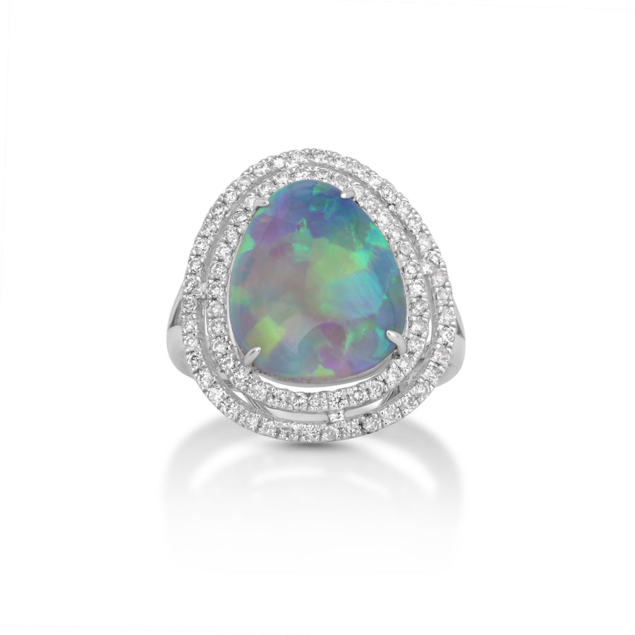 3.92 Cts Australian Opal and White Diamond Ring in 14K White Gold