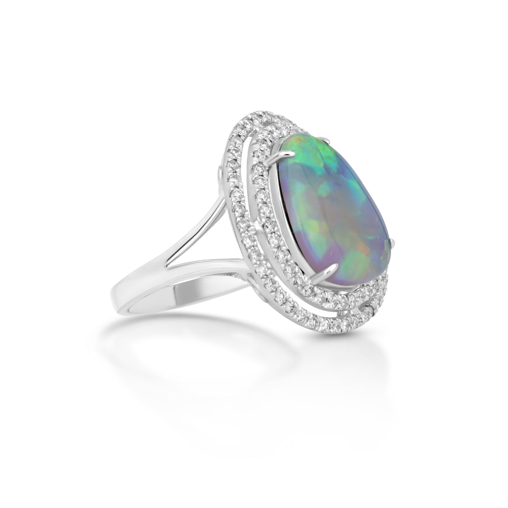 3.92 Cts Australian Opal and White Diamond Ring in 14K White Gold