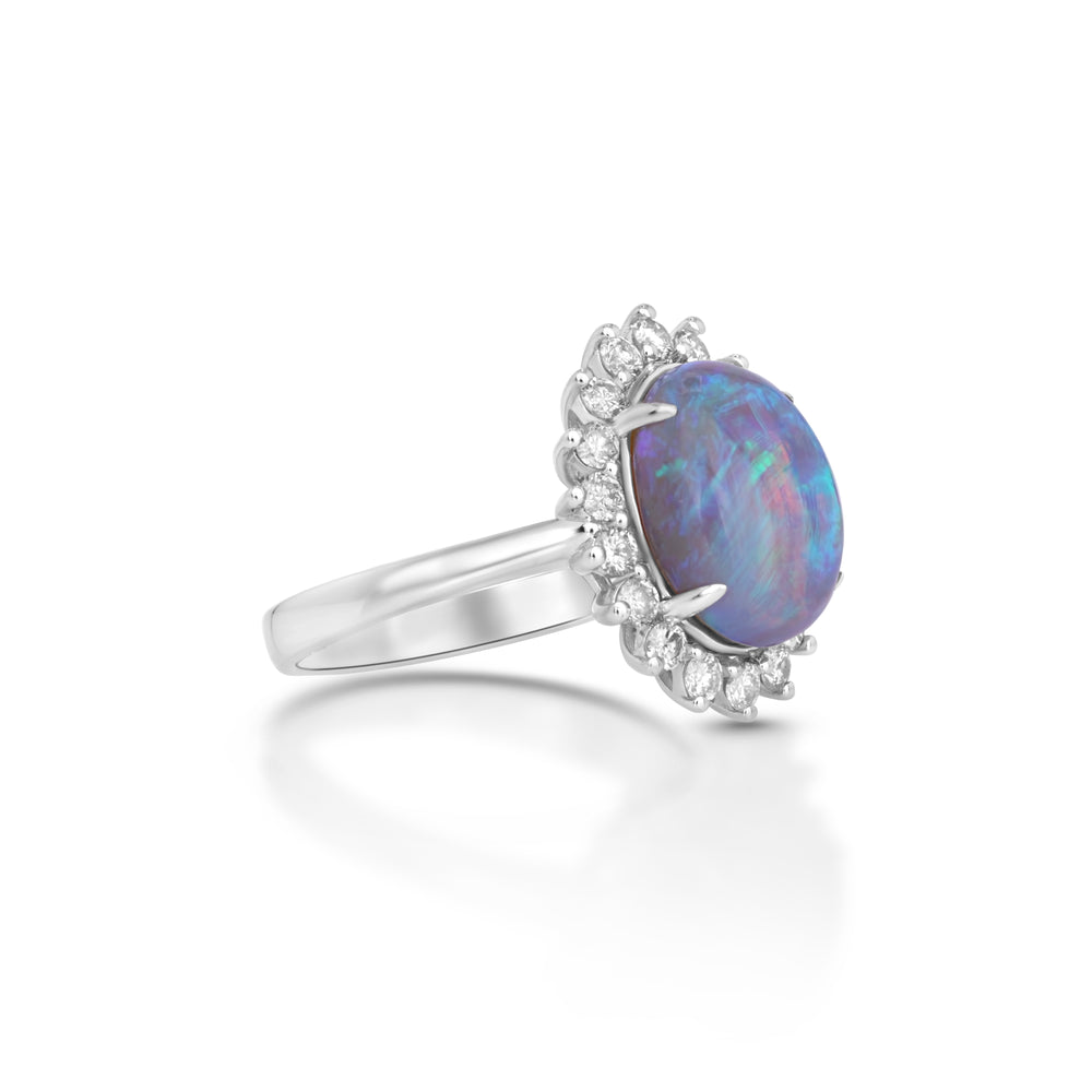 4.30 Cts Australian Opal and White Diamond Ring in 18K White Gold