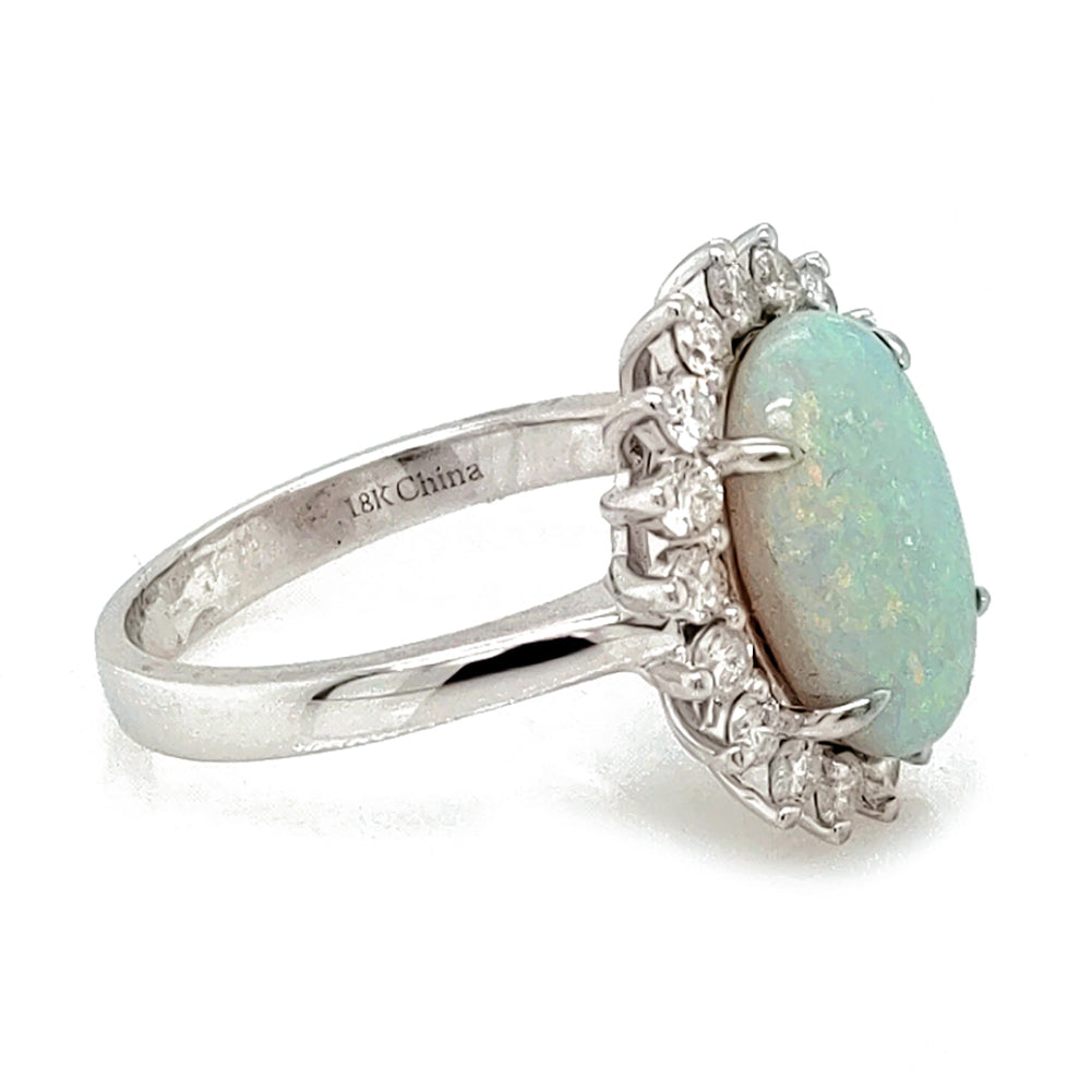 3.05 Cts Australian Opal and White Diamond Ring in 18K White Gold