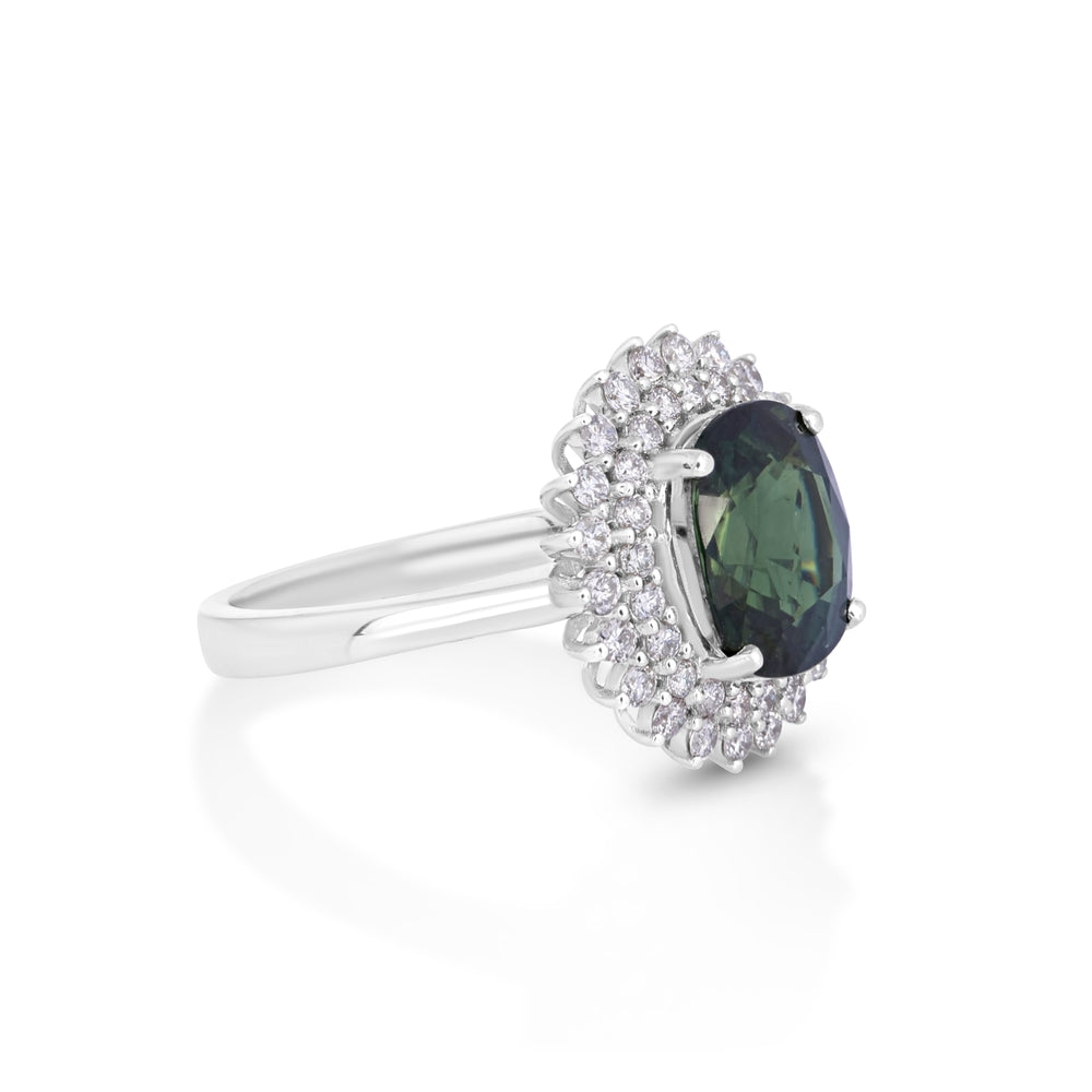 5.15 Cts Green Sapphire and White Diamond Ring in 18K White Gold