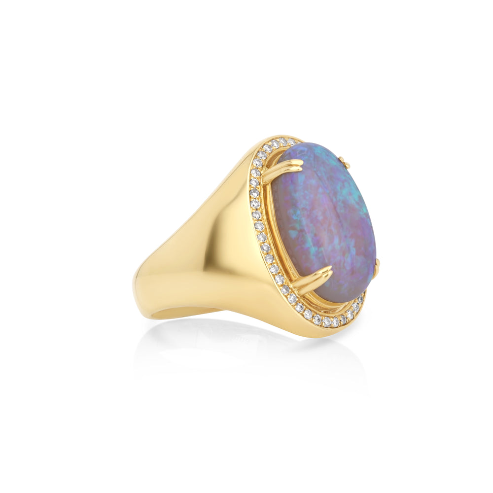 8.40 Cts Australian Opal and White Diamond Ring in 18K Yellow Gold