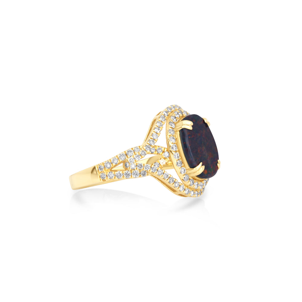 1.88 Cts Australian Lighting Ridge Opal and White Diamond Ring in 18K Yellow Gold