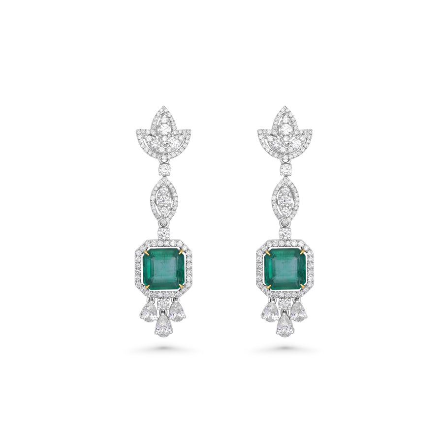 6.25 Cts Emerald and White Diamond Earring in 18K White Gold