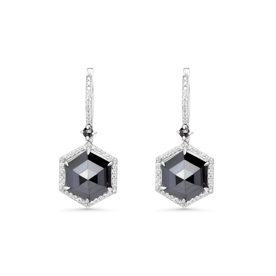 10.9 Cts Black Diamond and White Diamond Earring in 14K White Gold